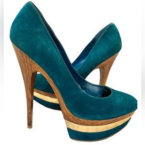 Bakers Taryn Teal Turquoise Wood Gold Pumps Heels Size 10